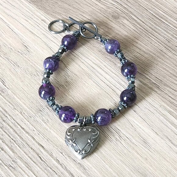Amethyst Gemstone Locket Charm Bracelet Toggle Clasp Beaded Handmade Adjustable - Picture 1 of 11